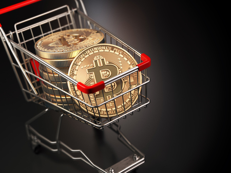 Bitcoin BTC coins in the shopping cart on black background. Cryptocurrency market concept. 3d illustrationの写真素材