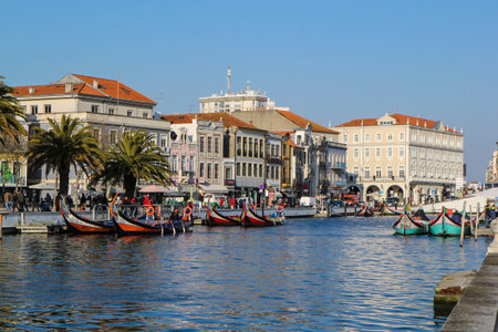 Canal with boats in Aveiro, Portugalのeditorial素材