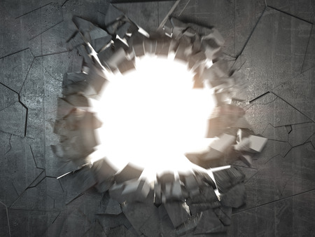 Cracked broken concrete wall with explosion hole and debris. Abstract grunge background. 3d illustrationの写真素材