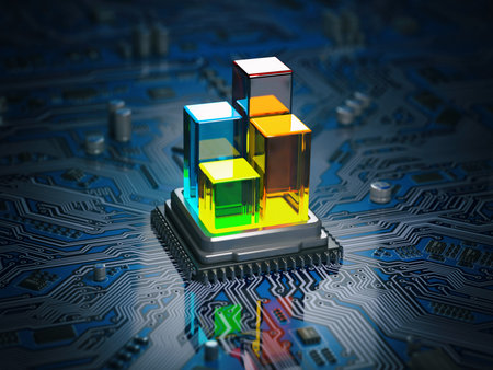 CPU processor with graph and diagram on the circuit board motherboard. Compare of speed level and...