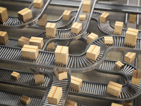 Cardboard boxes on conveyor roller in distribution warehouse, Delivery and packaging service concept...