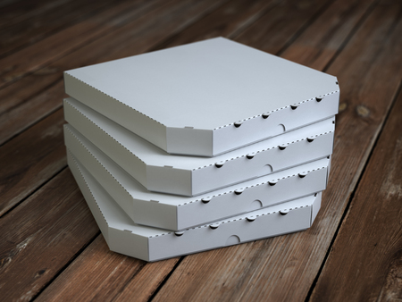 Pizza boxes on vintage wooden planks. Mock up. 3d illustrationの写真素材