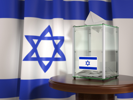 Ballot box with flag of Israel and voting papers. Israelitish presidential or parliamentary election.  3d illustrationの写真素材