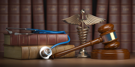 Gavel, stethoscope and caduceus sign on books background. Mediicine laws and legal, medical jurisprudence. 3d illustrationの写真素材