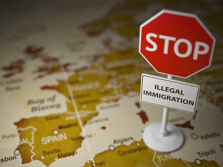 Stop illegal immigration concept. Sign stop on the map of Europe. 3d illustrationの写真素材