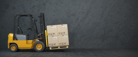 Forklift truck with cardboard boxes on  dirty wall background. 3d illustrationの写真素材