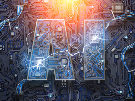 AI, Artificial Intelligence. Computer chips with CPU in form of text AI. 3d illustrationの写真素材