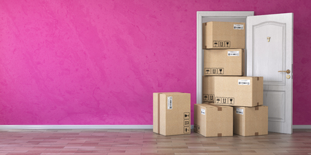 Delivery service or moving concept.. Cardboard boxes front of entrance open door. 3d illustrationの写真素材