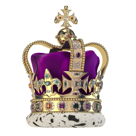 English golden crown with jewels isolated on white.の写真素材