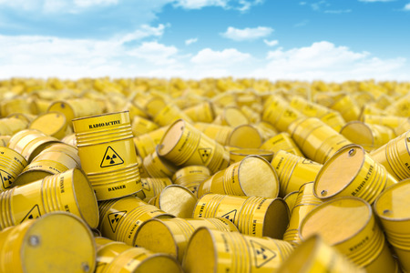 Storage and utilization of nuclear radioactive waste concept background. Heap of yellow barrels with radioactive sign. 3d illustrationの写真素材