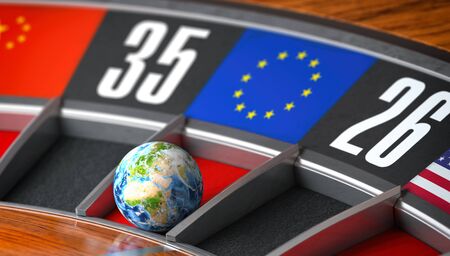 Earth as a ball of casino roulette with european union EU flag in winning number.の写真素材