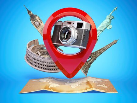 Photo geo tag concept. Camera in pin pointer with famous places and world map.の写真素材