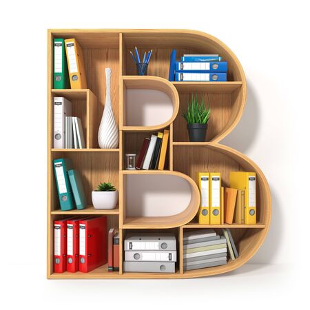 Letter B. Alphabet in the form of shelves with file folder, binders and books isolated on white. Archival, stacks of documents at the office or library. 3d illustrationの写真素材