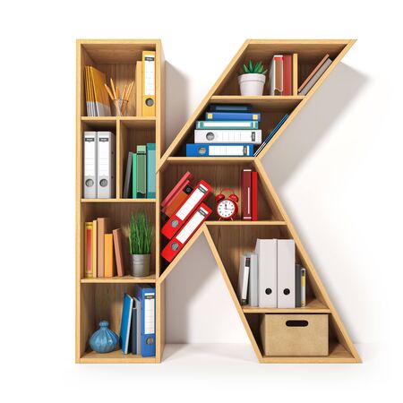 Letter K. Alphabet in the form of shelves with file folder, binders and books isolated on white. Archival, stacks of documents at the office or library. 3d illustrationの写真素材