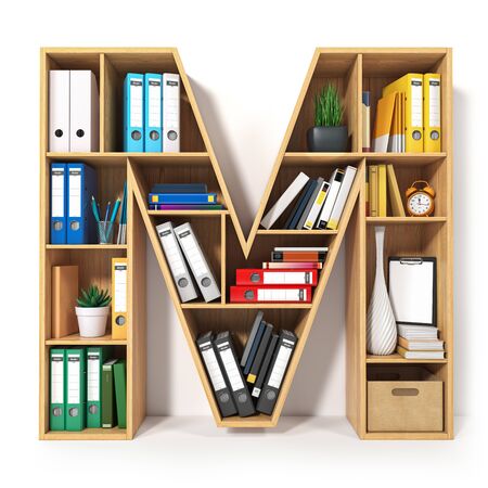 Letter M. Alphabet in the form of shelves with file folder, binders and books isolated on white. Archival, stacks of documents at the office or library. 3d illustrationの写真素材