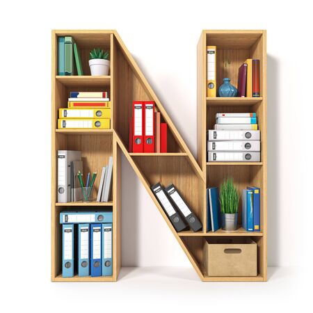 Letter N. Alphabet in the form of shelves with file folder, binders and books isolated on white. Archival, stacks of documents at the office or library. 3d illustrationの写真素材