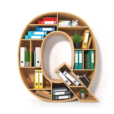 Letter Q. Alphabet in the form of shelves with file folder, binders and books isolated on white.の写真素材