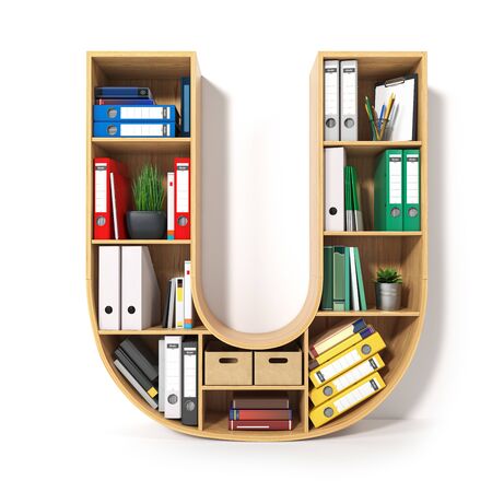 Letter U. Alphabet in the form of shelves with file folder, binders and books isolated on white.の写真素材