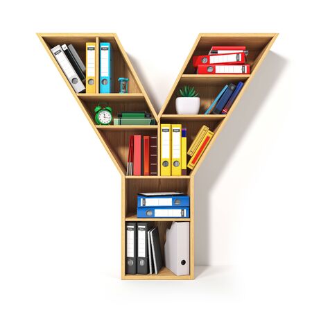Letter Y. Alphabet in the form of shelves with file folder, binders and books isolated on white. Archival, stacks of documents at the office or library. 3d illustrationの写真素材