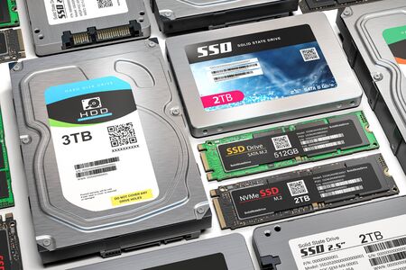 Background from different data storage devices. Hdd, ssd and ssd m2 iin a row. 3d illustrationの写真素材