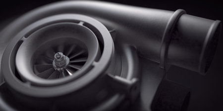 Car turbocharger on black background. Auto part turbo engine technology concept. 3d illustration