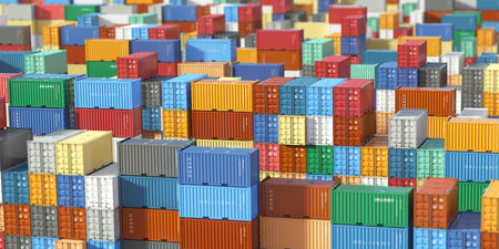 Cargo shipping containers in storage area.