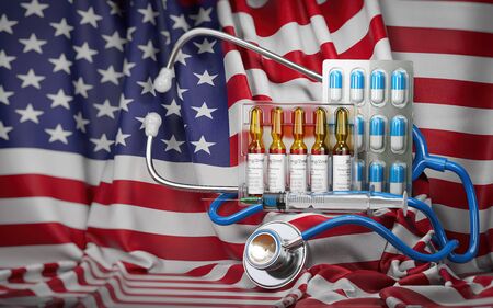 Healthcare, insurance and pharmacy in USA concept. Pills, vaccine, syrringe and stethoscope in US flag. 3d illustrationの写真素材
