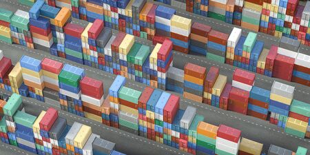 Cargo shipping containers in industrial area. Top view. Import export logistic, delivery and storage concept. 3d illustrationの写真素材