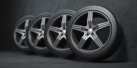 Car wheels. Four new black tires with alloy discs in garage.