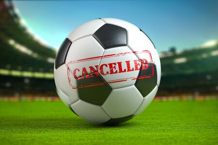 Cancelled football  tournement or football match concept. Football ball on football stadium. 3d illustrationの写真素材