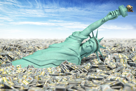 Statue of Liberty falls to pile of dollar packsの写真素材