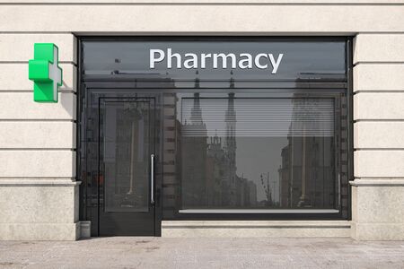 Pharmacy store or drugstore exterior design. 3d illustrationの写真素材