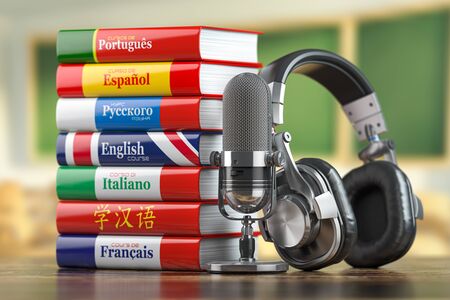 Learning languages online.  Dictionary books of different languages with headphones and microphone. 3d illustrationの写真素材