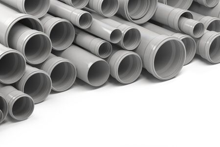 PVC plastic pipes and tubes stacked in warehouse. 3d illustrationの写真素材