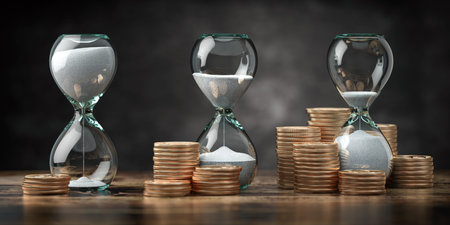 Golden coins and hourglass clock. Return on investment, deposit, growth of income and savings, time...