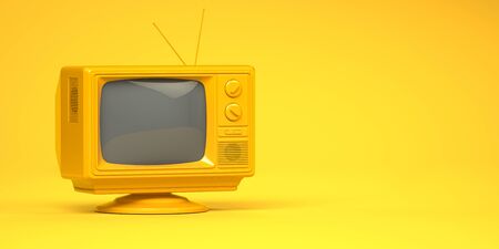 Yellow vintage tv set on yellow background. 3d illustrationの写真素材