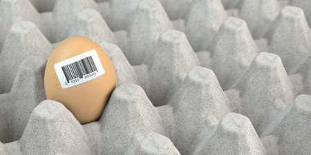 Chicken egg with barcode sticker. Quality control concept. 3d illustration