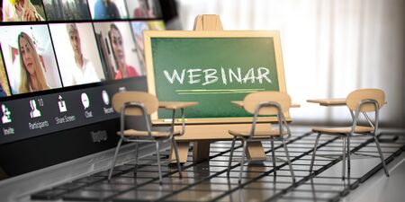 Webinar concept. Online class using video conference. Chalkboard with schooldesks on laptop keyboard. 3d illustrationの写真素材