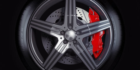 Car wheel with red breaks on black background. 3d illustration