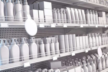 White supermarket shelf with cosmetics products, bottles, tubes, boxes, personal care products. 3d illustrationの写真素材