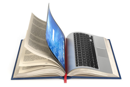 Online library, online education or e-learning internet concept. Open laptop and book compilation....