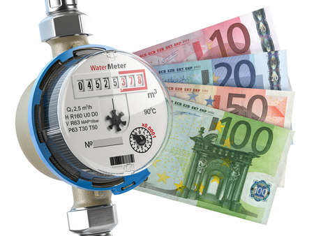 Water meter with euro money. Water consumption, cost of utilities and saving concept. 3d illustrationの写真素材