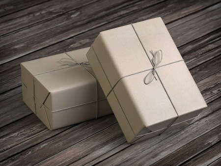 Two craft paper gift boxes on wooden table. Delivery copncept. 3d illustrationの写真素材