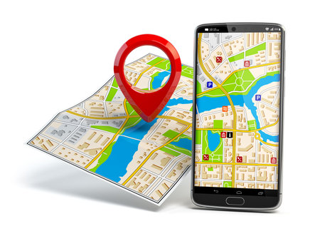Smartphone and pin on city map. Mobile GPS navigation travel and touriism concept. 3d illustration