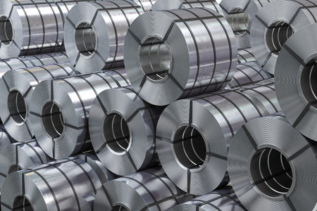 Rolls of metal sheet. Zync, aluminum or steel sheet rolls on warehouse in factory. 3d illustration
