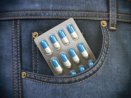 Pills blister in jeans pocket. Medical prescription or drug addiction concept. 3d illustrationの写真素材