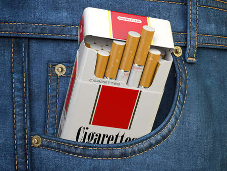 Open packet of cigarettes in jeans pocket. 3d illustrationの写真素材