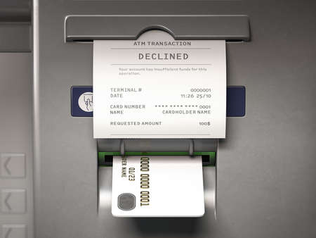 ATM machine and receipt with text declined for insufficient funds on account. 3d illustrationの写真素材