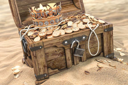 Open treasure chest full of golden coins on sandy beach. Wealth and treasure concept. 3d illustrationの写真素材