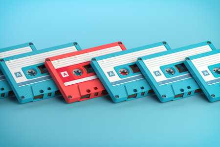 Vintage blue audio cassettes and one unique pink cassete on blue background. Creative retro concept of individuality. 3d illustrationの写真素材
